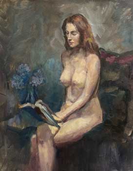 portrait painting of red-headed female model sitting and reading