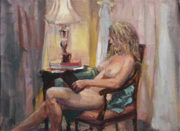 oil painting of a nude blonde female reading in a chair
