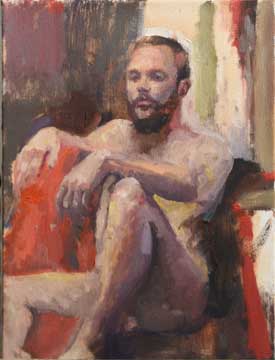 oil painting of a nude bearded male seated with arm propped on knee