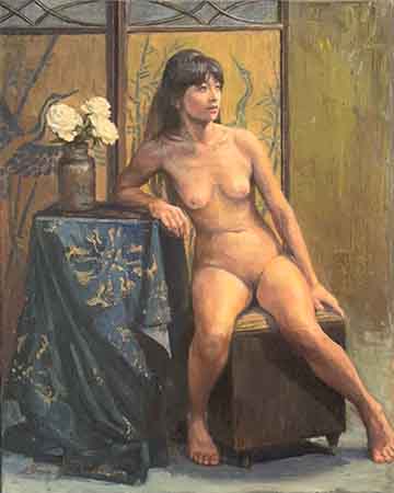 painting of seated female nude seated with Chinese screen backdrop and a small vase of white roses