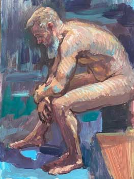 painting of bearded male art model seated and bent-over with arm propped-up by his knees