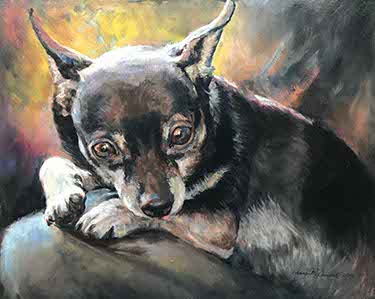 oil on canvas painting of a black and white chihuahua dog