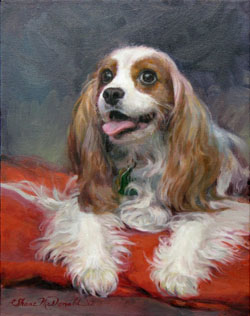 portrait painting of a white and red Cavalier King Charles Spaniel