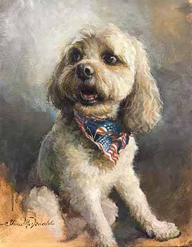 portrait painting of a blonde curly-haired smiling dog