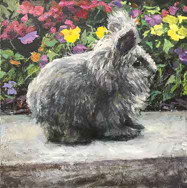 portrait painting of a gray angora rabbit before a bed of flowers
