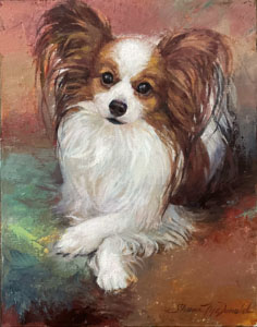 portrait painting of a white and red toy papillon
