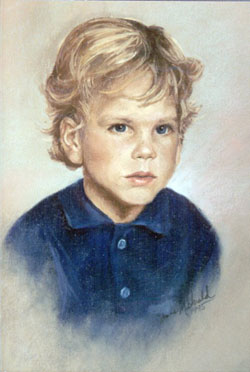pastel portrait drawing of young blonde boy wearing a blue shirt
