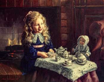 portrait painting of a young girl wearing blue velvet imagines having tea with her doll before a brick fireplace