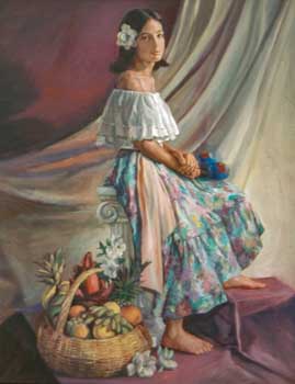 painting of a brunette girl wearing traditional Puerto Rican dress posed with a still-life of fruit in a large basket