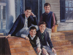 oil portrait painting of four boys seated on brick steps