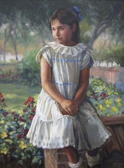 oil portrait painting of a young brunette girl posing at a walled garden wearing a white dress