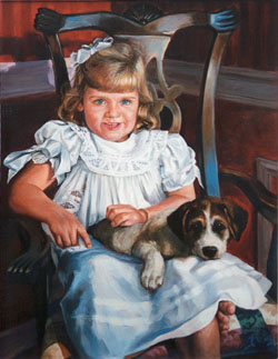 oil portrait painting of a young blonde girl wearing a white dress seated on a wooden chair with a puppy on her lap