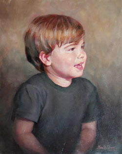 oil portrait painting of a smiling boy looking to the right