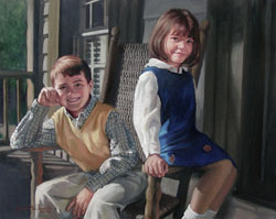 oil portrait painting a brother and sister on a rocking chair sitting on a house porch