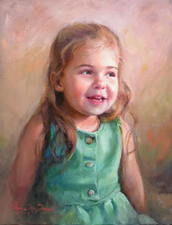 oil portrait painting of a young laughing girl with brown hair and a green dress