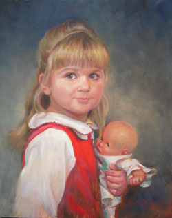 oil portrait painting of a young girl wearing a red dress and holding a doll