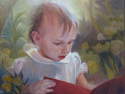 oil portrait painting of a baby reading in a dreamworld fantasy background