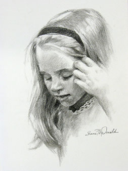charcoal portrait drawing of a girl looking down