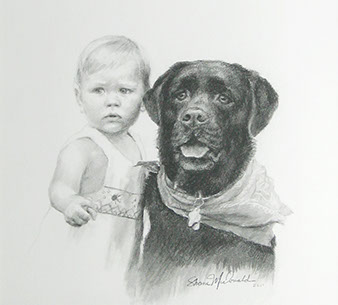 charcoal portrait drawing of a baby with a large black dog