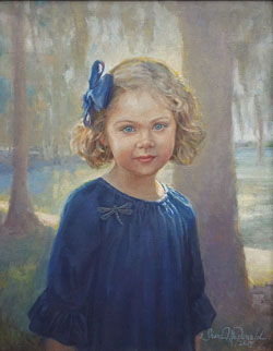 oil portrait of a young blonde girl wearing a dragonfly pin and a blue ribbon in her hair