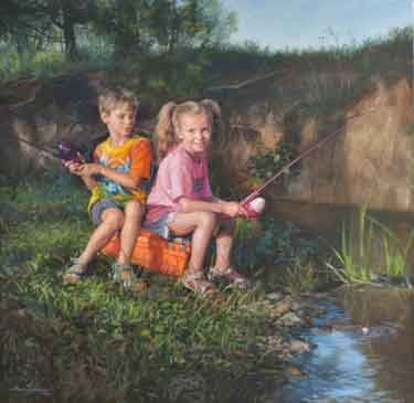 oil painting of brother and sister fishing in a creek while seated on a tackle box
