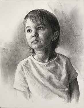 charcoal portrait of a young brunette girl looking up to the left