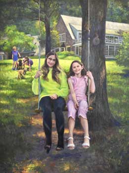 oil painting sisters on a swing