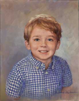 oil painting of a bust of a boy wearing blue gingham shirt