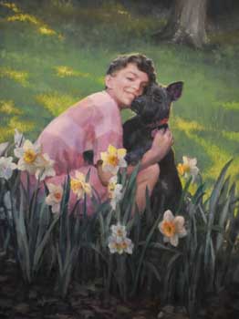 oil painting of a adolescent boy with his black Schnauzer