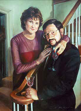Oil painting of a woman and man posing around a staircase with wine classes