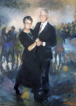 Loosely painted genre portrait of a dancing elderly couple in the setting of a ballroom invented from the reference of snapshot photographs