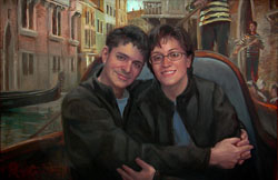 Portrait painting of a man and woman embraced on a gondola in Venice