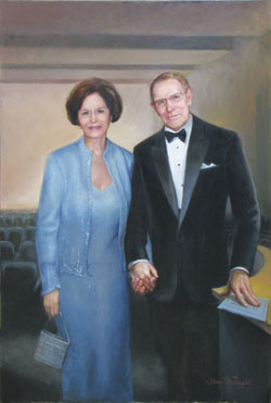 oil portrait painting of a couple wearing formal attire holding hands in an auditorium