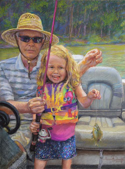 pastel portrait of a grandfather and his granddaughter holding a small fish at the end of a fishing line