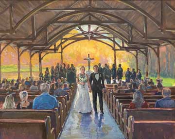 oil painting of a married couple walking down the aisle with cross and wedding party behind them