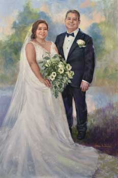 oil painting of an hispanic couple at their wedding