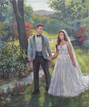 oil painting of a smiling groom and bride walk down a  hill along a stream backlit by the sun