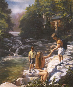 oil painting of three people in a family hiking along a stream in Gatlinburg, TN