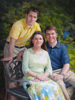 oil portrait painting of three adult siblings outside