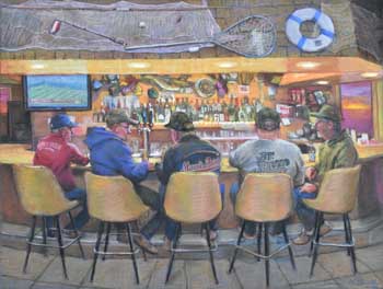pastel painting of five fishermen at Morris Point bar drinking and telling fisherman tales