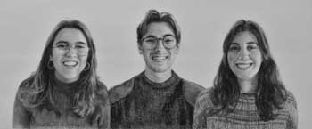 charcoal drawing of 3 young smiling adults from chest to head