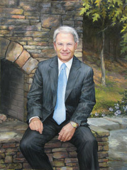 3/4 figure oil portrait painting of a man wearing a tie and jacket seated at the hearth of an outdoor fireplace