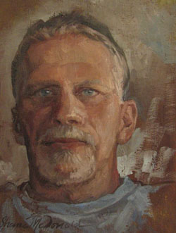 oil portrait sketch of a man's head with a goatee and blue eyes