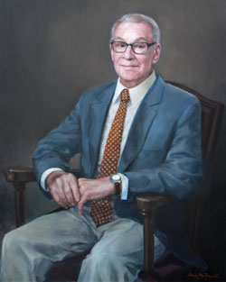 oil portrait of a man wearing a blue jacket and a gold and red patterned tie seated in a chair