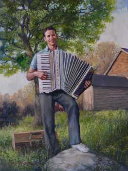 oil portrait painting of a man playing and accordion with a smile outdoors