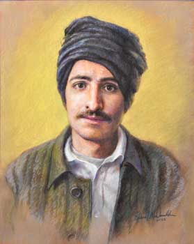 pastel portrait painting of 1940s mustached and long-haired spiritual avatar, Meher Baba, wearing a turban as a young man