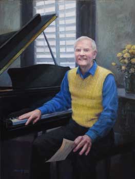 oil portrait painting of a man wearing a yellow sweater vest seated at a black baby grand piano