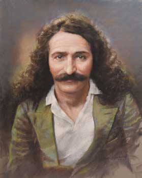 pastel portrait painting of 1940s mustached and long-haired spiritual avatar, Meher Baba