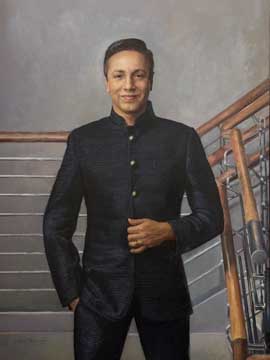 portrait painting of a man wearing a Bandhgala suit with a Nehru collar standing next to a modern stair banister.