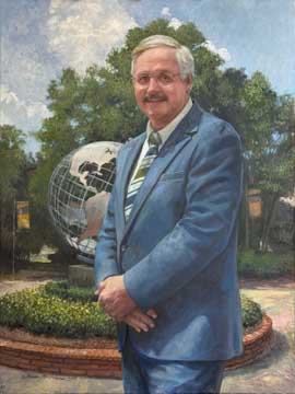 painting of a tall man wearing a light gray suit standing outside before a large globe